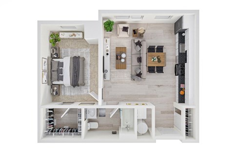 Floor plan for 1 bed, 1 bath, 740 sqft